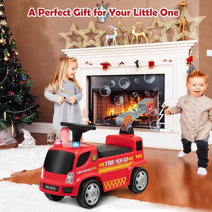 HONEY JOY Ride On Push Car with Bubble Maker, Fire Engine Push Cars for Toddlers w/Horn, Music, Lights, Under Seat Storage, Foot-to-Floor Ride On Fire Truck Toy for Kids Boys Girls, Red