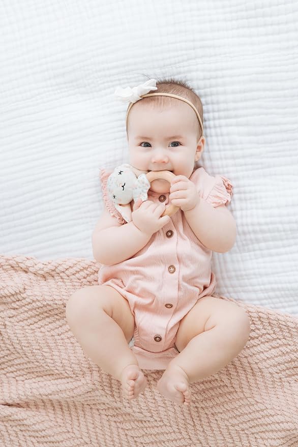 Pearhead Bunny Wooden Baby Teether – Soft Plush Lovey with Floppy Ears & Natural Wood Rattle Ring, BPA-Free, Soothes Infant Gums, Multi-Sensory Newborn Essential for Girls, Pink Floral, 0+ Months