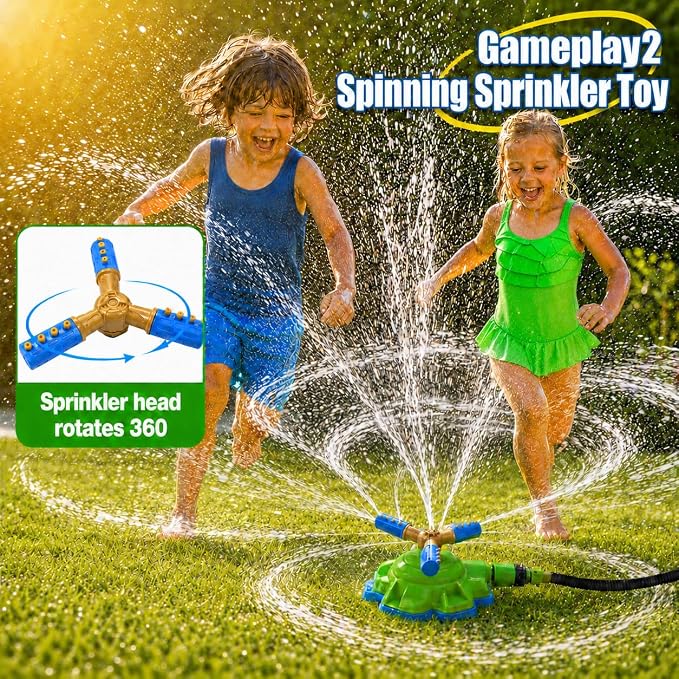 4-in-1 Water Sprinkler Toy for Kids,Backyard Outdoor Water Toys with Water-Spraying Rocket, Baseball Game, Rocket Launcher, Spinning Spray,Summer Yard Water Toys for Boys Girls Ages 4-12