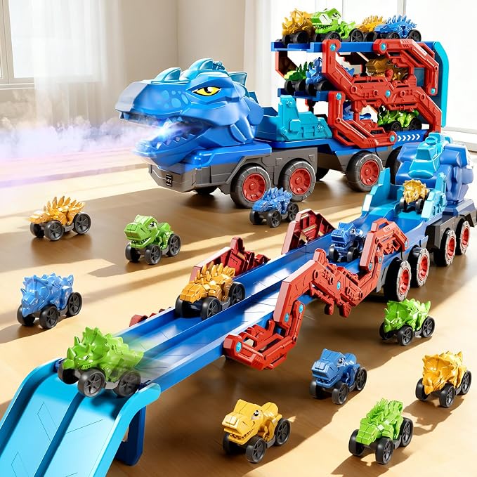 PEADUCK Toddler Car Truck Toys for Kids Ages 3-5, 10-in-1 Dinosaur Carrier Truck with Foldable Track Toys with Spray, Light & Sounds and 9 Dino Cars, Birthday Gift for 3 4 5 6 7 8 Years Old Boys Girls
