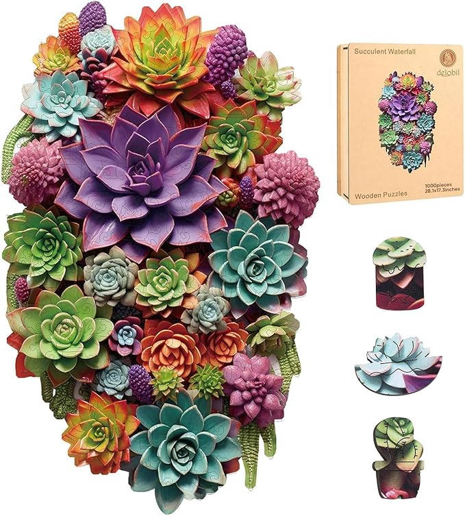 Delobil Puzzles for Adults 1000 Pieces with Puzzle Saver - Succulent Wooden Puzzle Unique Adult Jigsaw Puzzles Brain Teaser Family Game Gift 28.1'' x17.3''