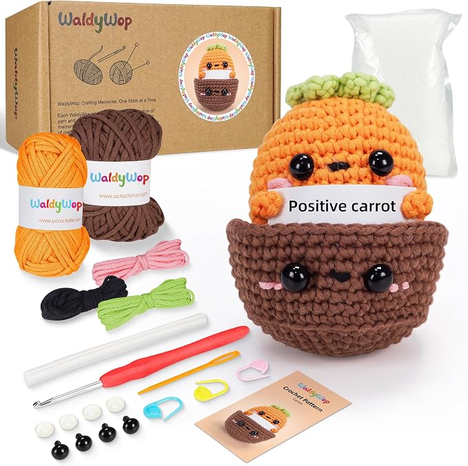 WaldyWop Beginner Crochet Kit: Wobbles Crocheting Starter Kits for Adults - Learn to Crochet Set w/Step-by-Step Video - Complete Knitting Kit, Easy Crochet Yarn, Birthday Gifts for Women