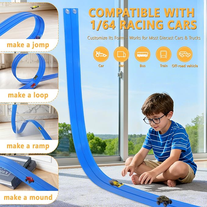Portable DIY 16ft Flexible Race Track with Roll-Up Storage Compatible with 1/64 Diecast Cars Ages 3+（Includes 6 Racing Cars）