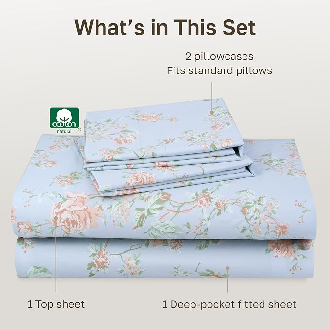 California Design Den Soft Cotton Bed Sheets Queen Size Set, 400 TC Good Housekeeping Award Winner, Smooth Sateen Finish with Deep Pockets, Cozy and Durable Queen Bedding Set - Floral Blue/Pink