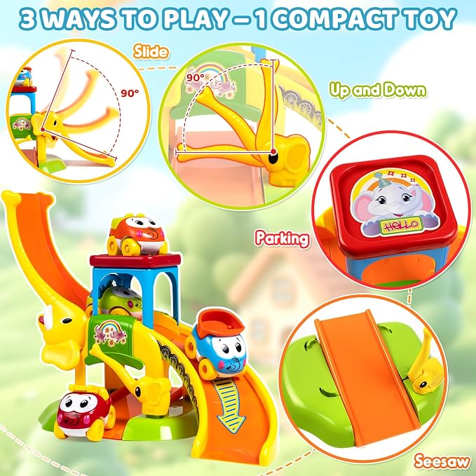 Marstone Toddler Toys for 1 2 Year Old Boys and Girls Gifts: Educational Elephant Slide with 4 Animal Car Toys for Baby 12-18 Months, First Birthday Gifts for Kids, Learning Push Race Tracks Age 1-2