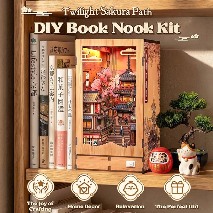 CUTEBEE Book Nook Kit - DIY Miniature House Japanese Street Diorama, Fold-Out Dollhouse Booknook for Adults, Tiny House Bookshelf Decor 3D Wooden Puzzle Gifts (Twilight Sakura Path)