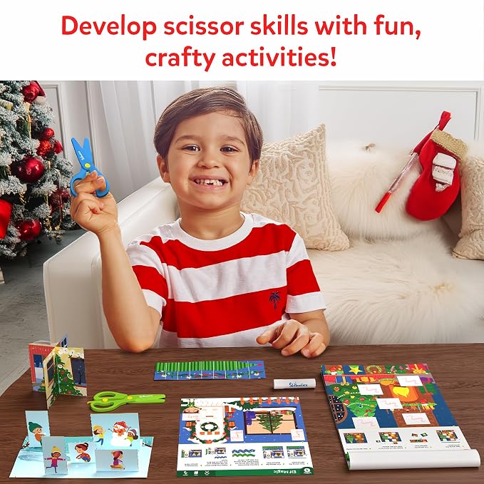 Skillmatics Scissor Skills Activity Book - Snip Snip Christmas, 25 Fun Cutting & Creative Activities for Preschoolers, 2 Child-Safe Scissors, Felt Craft Kit, Gifts for Kids Ages 3, 4, 5, 6, 7