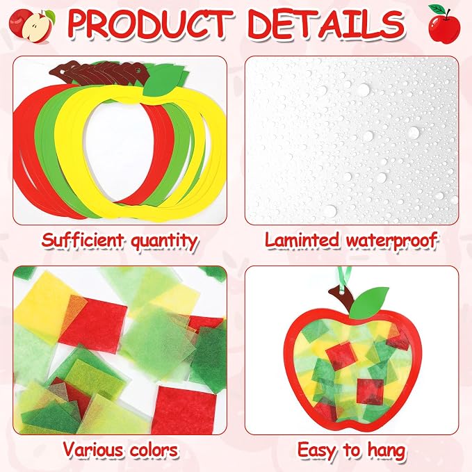 Qyeahkj 36 Set Back to School Apple Suncatchers Crafts for Kids DIY Fall Autumn Window Tissue Paper Craft Kit Hanging Decor for School Home Activity Art Project Birthday Party Favor Gift