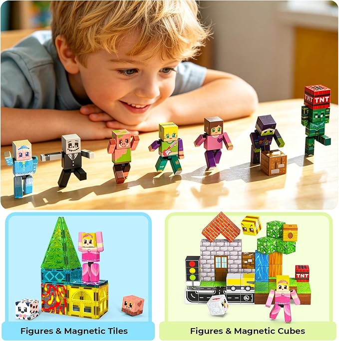 20 Pcs Magnetic Action Figures Playset, Magnetic Building Block Animal Cartoons Toys with Magnetic Cubes, 360° Rotating Arms and Legs, Creative Play Set for Kids 6+, Birthday Gifts for Boys Girls