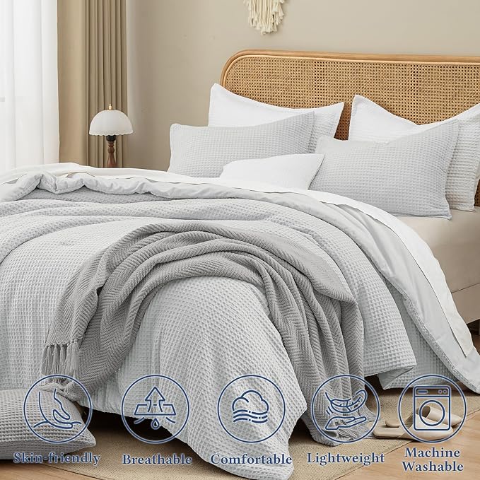 David's Home Waffle Weave Comforter Set 2PCS Twin Size, Soft Breathable Lightweight Cozy Skin-Friendly Warm for All Season, Elegant Aesthetic Home Decor Bedding Set with Pillow Shams, Light Grey