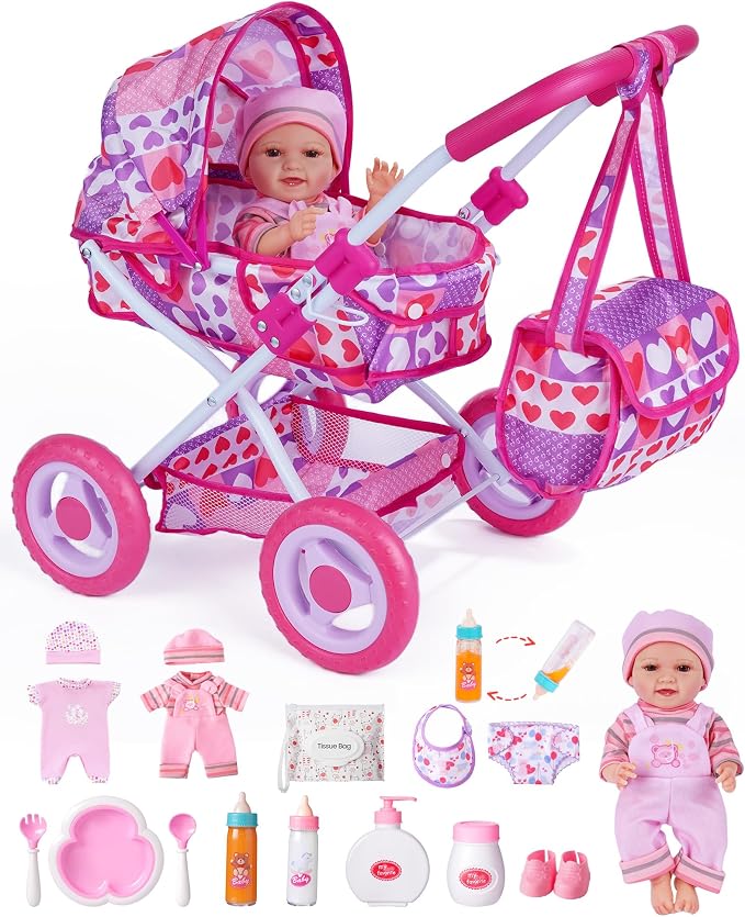 BABESIDE Baby Doll Stroller Set with 12 Inch Baby Doll, 14 Pcs Baby Doll Accessories, Folding Doll Pram Pretend Play Set, Feeding, Bath & Care Toys, Gift for Girls Ages 3yrs+