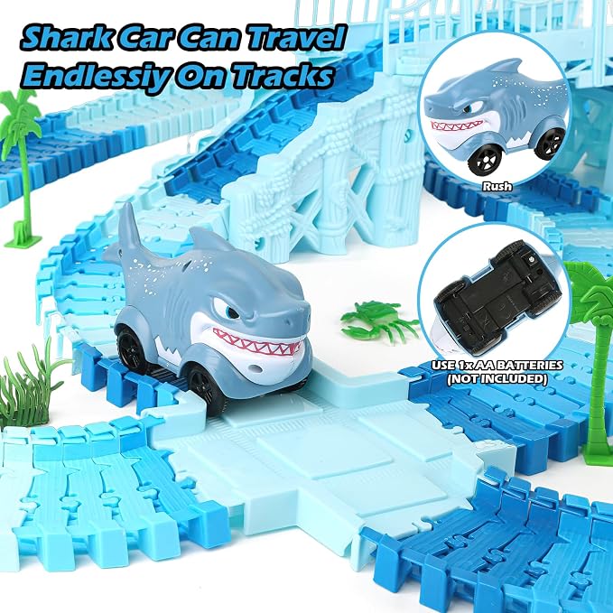 Coroiesty 264 PCS Shark Race Tracks for Kids Toys, Glow in The Dark Magic Toy Set, 2 Shark Cars Track, Flexible DIY Track Set, Birthday Gift for Age 3-9 Boys Toddler Girls