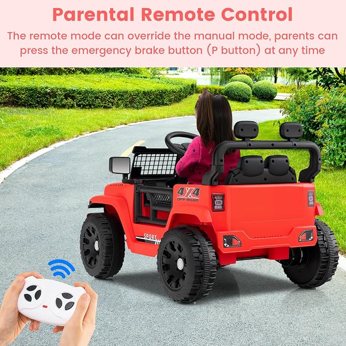 OLAKIDS 12V Ride On Truck, Battery Powered Electric Vehicle for Kids with Remote Control, Foldable Reflective Mirror, Spring Suspension, Music, LED Lights, Ride on Toy for 3+ Boys Girls (Red)
