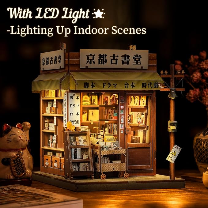 Fsolis Japanese Book Nook Kit - DIY Miniature House Kit | DIY Japan Bookstore Model 3D Wooden Puzzles for Adults Gift for Women Book Lovers (Antique bookery of Kyoto)