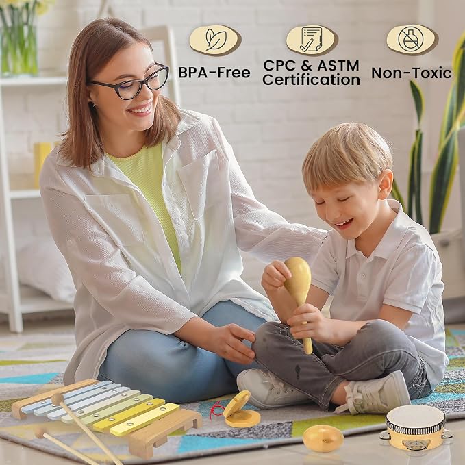 Toddler Musical Instruments Set Montessori Wooden Baby Toys | Sensory Music Toys for Toddlers |Educational Kids Instruments | Natural Wood, Non-Toxic | Ages 3+ | Gift for Boys & Girls