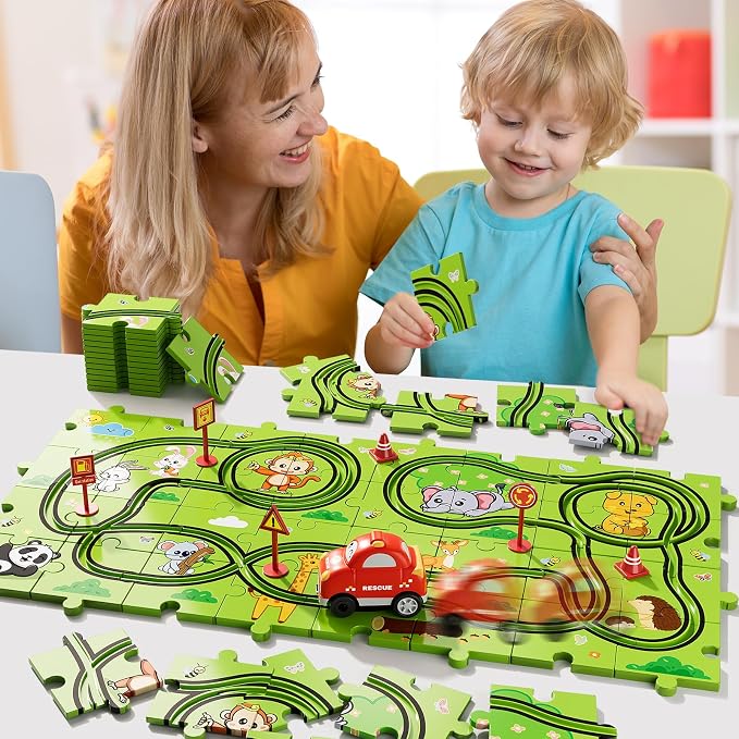 Bennol 39PCS Puzzles Race Tracks Car Toys for 1 2 3 4 5 Year Old Boys Toddlers, Cars Gifts Puzzle Set with Race Track, Toddler Car Toy Set for Kids Boys Girls