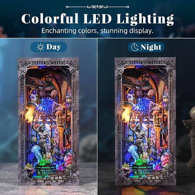 fifijoy Book Nook Kit - DIY Miniature House Dollhouse Kit for Adults and Teens, Booknook Tiny House Atlantis Bookshelf Decor 3D Wooden Puzzle with LED Light, Gifts for Family and Friends (Atlantis)