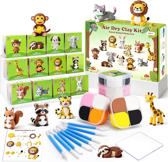 Kids Air Dry Clay Kit – 12 Animal Sculpting Set with Tools & Tutorials | Safe, Ultra-Light, No-Bake Clay | STEM Art Gift for Ages 3+