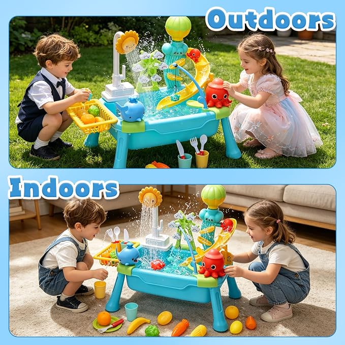 CUTE STONE Toddler Water Table for Kids, Kitchen Sink Toy with Running Water & Fishing Game,Water Play Table for Backyard Beach Pool, Summer Gifts for Boys Girls-Octopus
