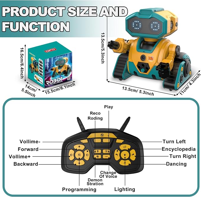 BYTEWAR Interactive Smart Robot Toys, Rechargeable Remote Control Emo Robot with Learning Gesture Sensing, Auto-Demonstration, Music and Dance, Shining LED Eyes, Birthday Gift for Kids (Yellow)
