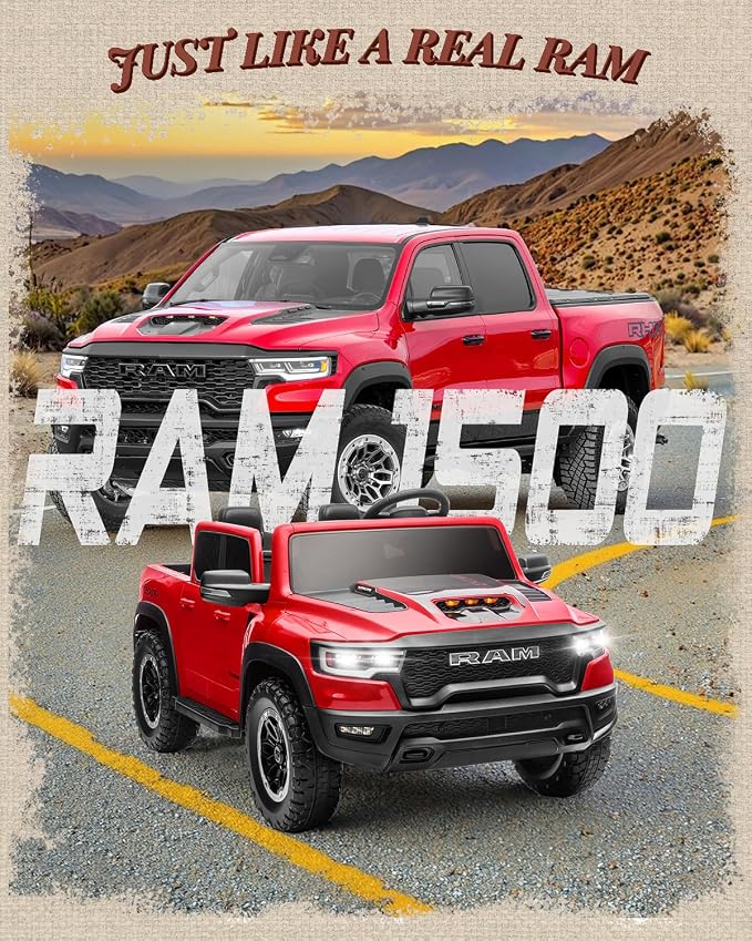 First Ride On 24V Ride On Toys for Big Kids, RAM 1500 2 Seater Ride on Car w/Remote, Battery Powered Truck w/ 4 Wheels Suspension, Toddler Car w/Bluetooth, LED Lights, Trunk