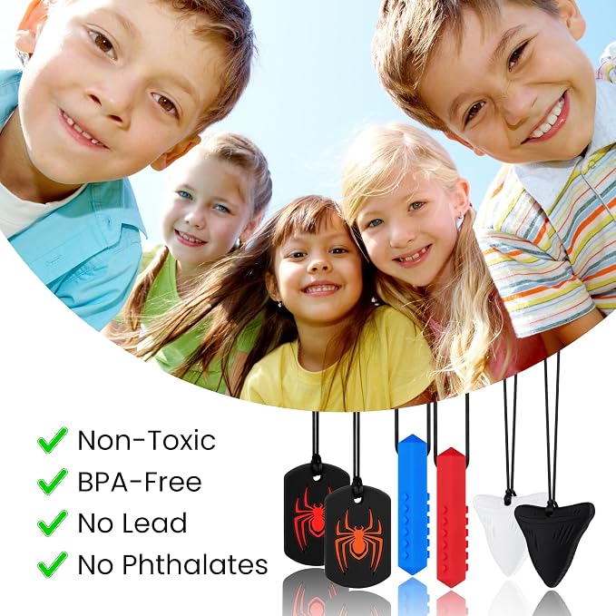 Chewy Necklaces for Sensory Kids, Silicone Chewable Necklace, 6 Pack Sensory Oral Motor Aids Teething Necklace for Chewers with Autism, ADHD, SPD, or Special Oral Motor Need