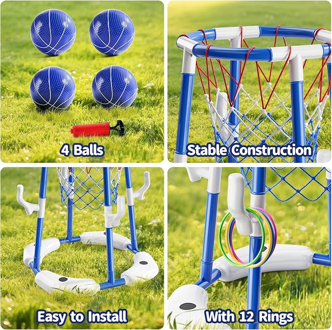 Sitodier Pool Basketball Hoop for Kids, 2-in-1 Floating Pool Water Play Toys and Ring Game with 4 Balls and Pump, Outdoor Summer Swimming Pool Basketball Games Family Party for Kids Adults (Blue)