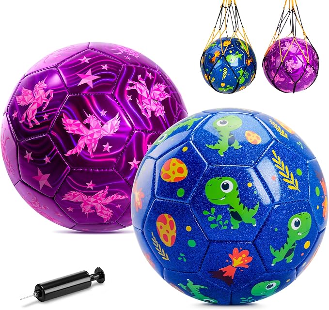 INPODAK Soccer Ball Size 3 Size 2 for Toddlers Kids 1-3 3-8, 1 or 2 Pack Cartoon Small Dinosaur Unicorn Soccer Ball Gifts for Girls Boys, Indoor Outdoor Sports Play Toys Birthday Gifts with Pump