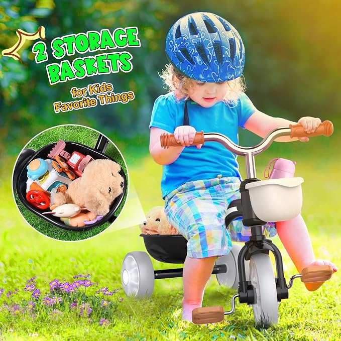 Kkdi Toddler Tricycle for 1-3 3-4 Year Olds, 2 3 4 Year Old Boy Girl Birthday Gifts, Toddler Baby Bike, 3-Level Adjustable Seat, 3 Color Light Wheels, 2 Baskets, Outdoor Riding Toys for Ages 2-4