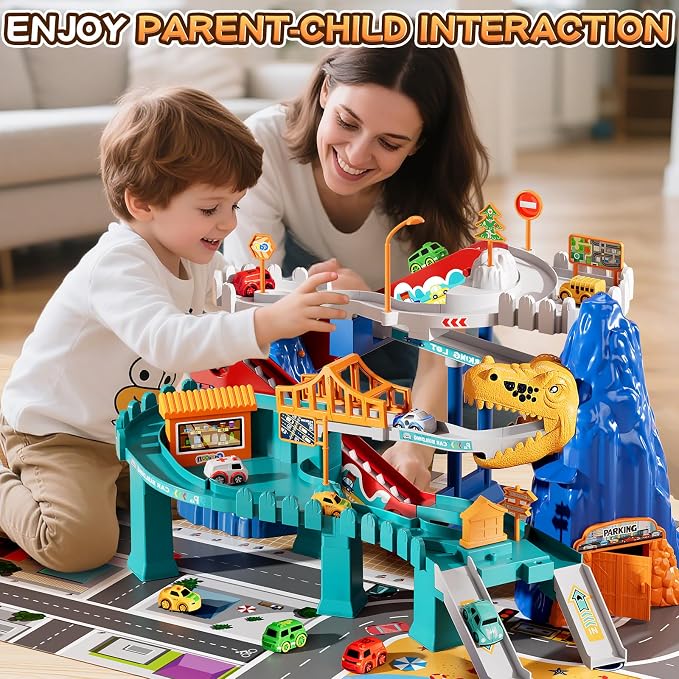 MSKOLER Dinosaur Race Car Tracks for Toddlers 3-4 Years, Dinosaur Climbing Hills Railcar, Toy Car Track Play Set with 7 Small Race Cars, Preschool Birthday Gifts for 3 4 5 6 7 8 Year Old Boys Girls