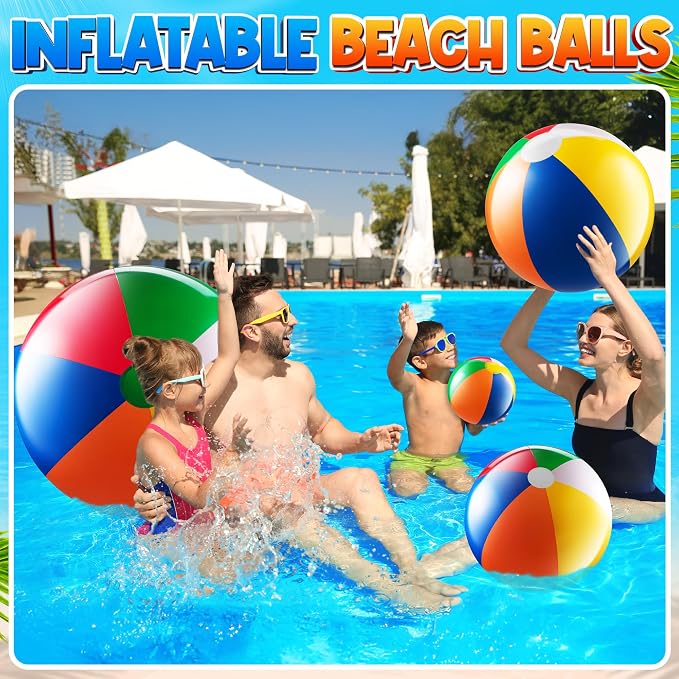 4-pcs Assorted Sizes Inflatable Beach Balls - Small & Large Rainbow Beach Balls For Kids In 6", 12", 16", 24" Sizes - Colorful Blow Up Pool Toys For Beach Games, Summer Party Decoration & Outdoor Fun