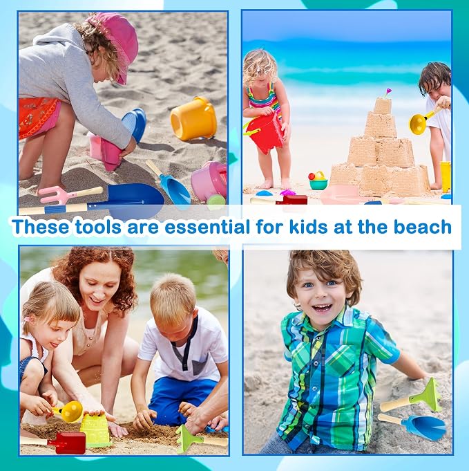 8 Pieces Kids Beach Sand Tools Metal Beach Spoon, Trowel, Rake, Forks, Flat and Pointed Shovel Sand Digging Buckets with Sturdy Wooden Handle for Children Gardening Use