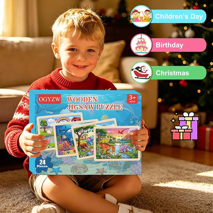 Puzzles for Kids Ages 4-6, 4 Packs 24 Pcs Animals Wooden Jigsaw Puzzles for Kids Ages 3-5, Preschool Educational Toys Gifts for Boys and Girls