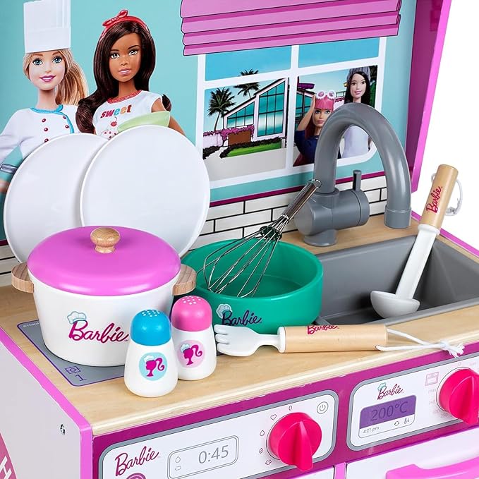 Klein Theo 2 in 1 Barbie Wooden and Metal Toy Kitchen and Dollhouse with Pretend Washing Machine and Oven for Kids Ages 3 and Up Integrated Dollhouse