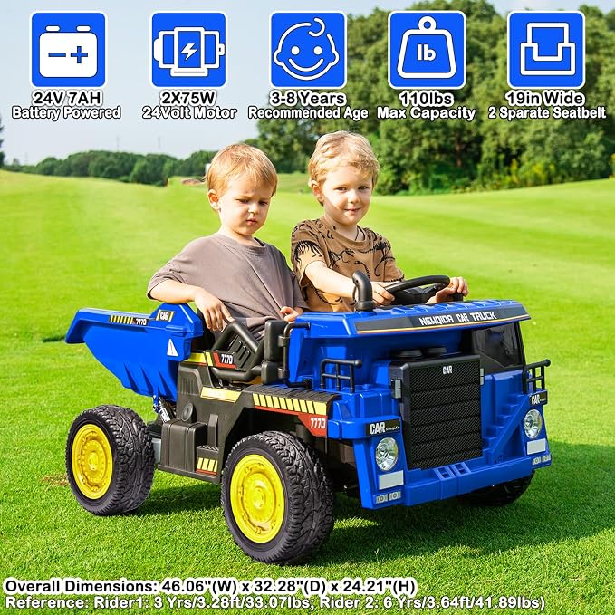 NEWQIDA 24V Ride on Dump Truck, Kids Electric Car with Remote Control, Ride on Construction Vehicles w/Electric Dump Bed, Shovel, 2x75W Powerful Motors, Up to 4.4Mph, EVA Tires, Soft Start, Blue