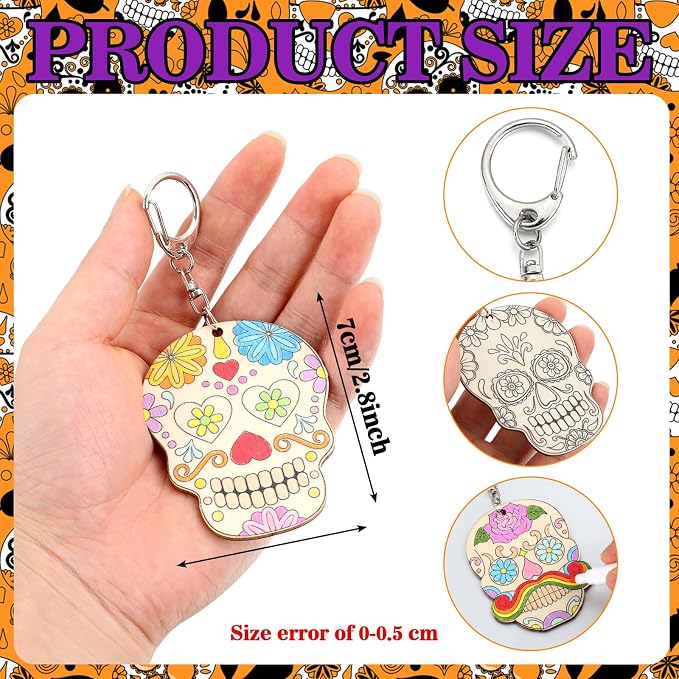 Trnayi 36 Pcs Day of The Dead Unfinished Wooden Keychains for Kids Color Your Own Unfinished Wooden Crafts Blank Wood Painting DIY Crafts for Home Activities Arts Project Decoration