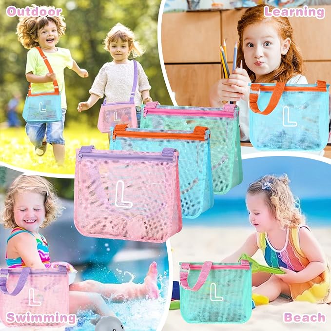3Pcs Personalized Kids Beach Shell Bag, Initial Seashell Mesh Zipper Beach Pouch, Shell Collecting Bag for Holding Shells with Adjustable Straps, Sand Toys Swim Pouch Gift for Girl Boy Teens(Letter L)