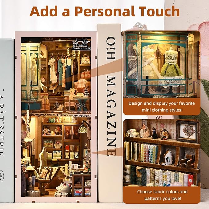 fifijoy Book Nook Kit - DIY Miniature House Dollhouse Kit for Adults and Teens, Booknook Tiny House Bookshelf Decor 3D Wooden Puzzle, Gifts for Family Friends (Sewing Room)