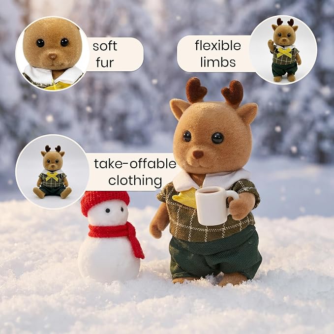 Family Brown Deer Figures — Set of 3 Collectible Flocked Mini Dolls with Removable Clothes, Dollhouse Pretend Play Set for Kids Ages 3+