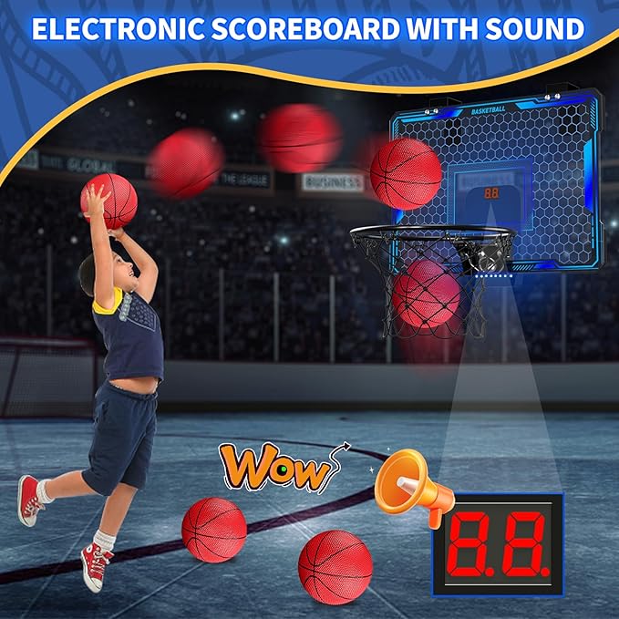 HYES Mini Basketball Hoop Indoor, Over The Door Basket Ball Hoop with 7 LED Lighting/Scoreboard/3 Modes/Foldable Rim, Wall Basketball Toy, Sport Decor Gifts for Kids Adult for Bedroom/Office (Blue)