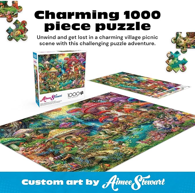 Buffalo Games - 1000 Piece Jigsaw Puzzle Aimee Stewart Merry Mushroom Village Picnic, Made in USA, Premium Recycled Board, Full-Color Poster, Giftable
