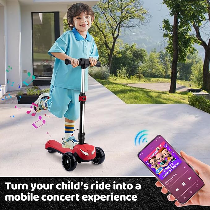24V Electric Scooter for Kids w/150W Powerful Motor, Thumb Throttle, LCD Screen, Bluetooth, Light-Up Stem Deck & Wheels, 3 Adjustable Heights, 5MPH Safe Speed, 3 Wheel Electric Scooter for Kids