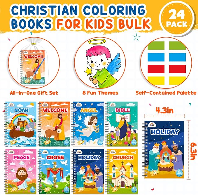 ZMLM 24 Water Coloring Books for Kids Party Favors - Bulk Mini Coloring Books for Kids Ages 4-8,Small Birthday Goodie Bag Stuffers School Teacher Return Gift Art Crafts Classroom Prizes (Christian)