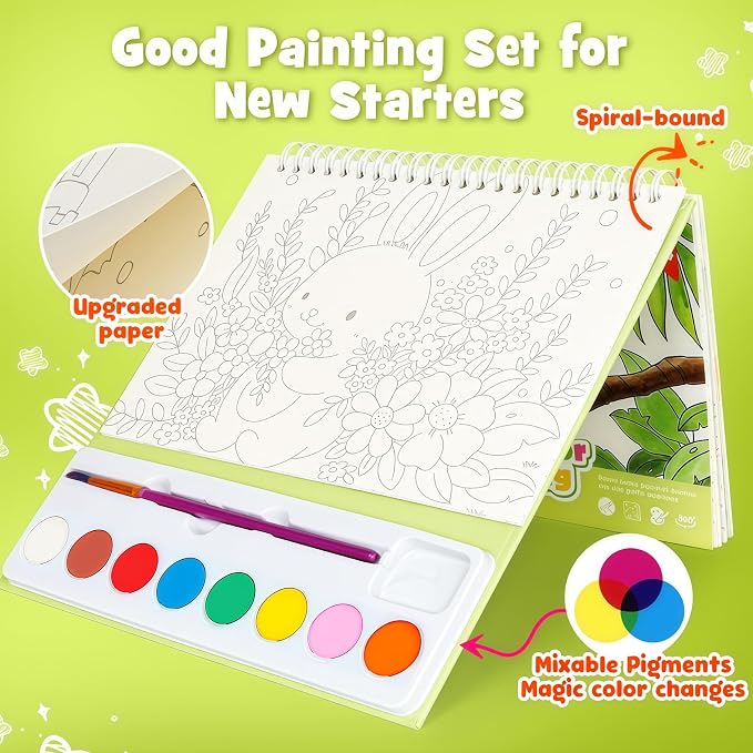 Watercolor Painting Coloring Books, Paint with Water Arts & Crafts Kit for Kids, Travel Activities Art Supplies Party Favors Exchange Birthday Gifts for Boys Girls, Spiral-Bound(Animals)