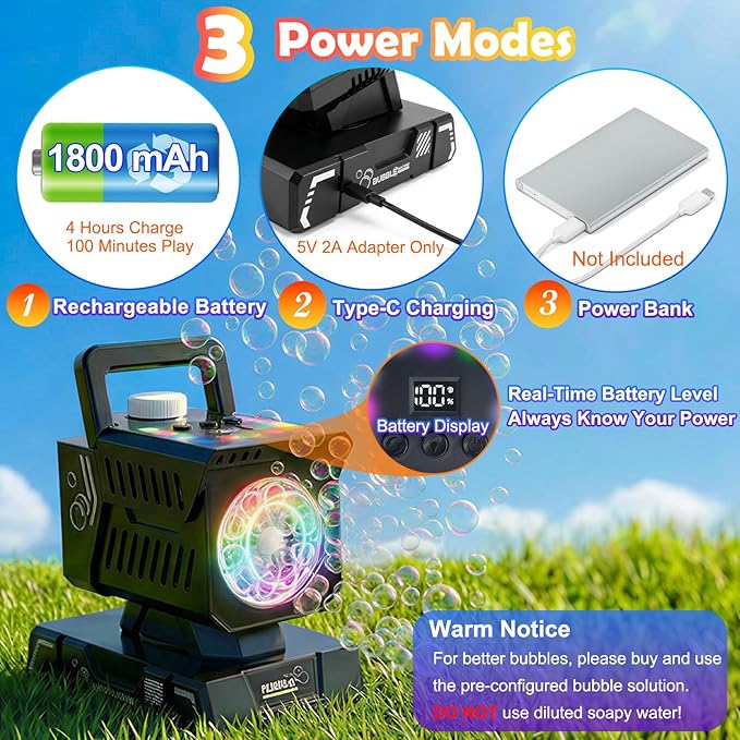 Bubble Machine for Kids, Rechargeable Bubble Maker with Remote & RGB Lights, Automatic Rotating Battery Bubble Blower for Birthday Parties, Weddings, Outdoor Activities, Pets