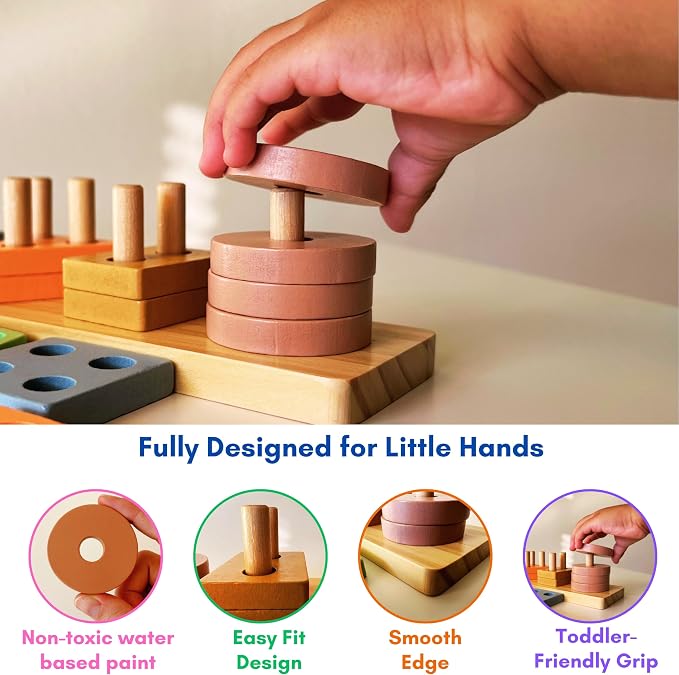 VYN & VYN Montessori Toys for 3+ Year Old Boys Girls, 2-in-1 Wooden Shape Sorter & 58 Flash Cards, Stacking and Sorting Toy, Color & Shape Matching Learning Puzzle, Educational Toy for Toddlers