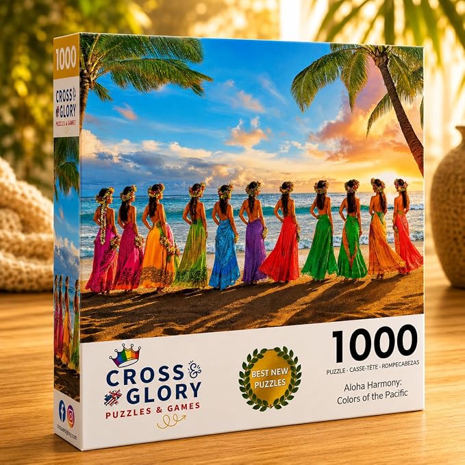 Cross & Glory - Aloha Harmony: Colors of the Pacific - 1000 Piece Jigsaw Puzzle for Adults | Best New Island Sunset Puzzle | Vibrant Polynesian Artwork | Immersive Puzzle Experience