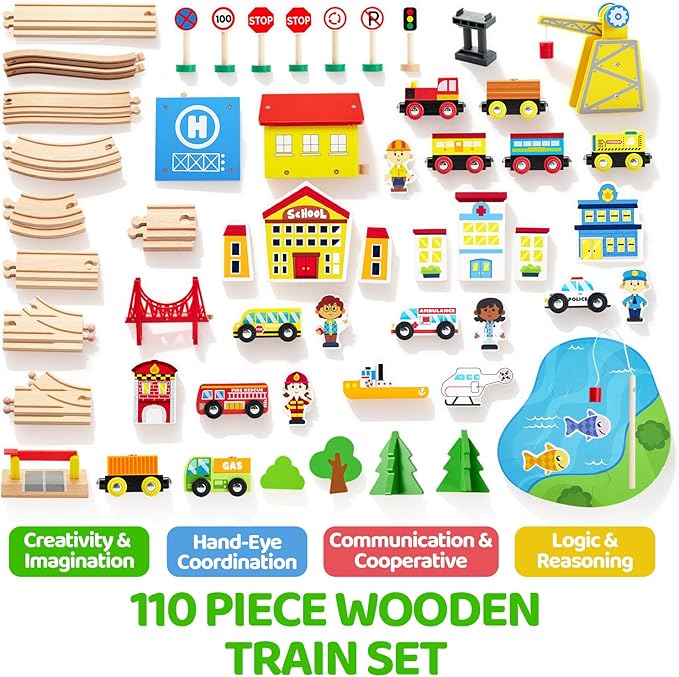 110PCS Wooden Train Set - Toy Magnetic Trains with Wooden Track Set for Kids Ages 3-8, City Scene Railway Set, Perfect Easter Birthday Gift for Grandkids Toddlers Boys Girls