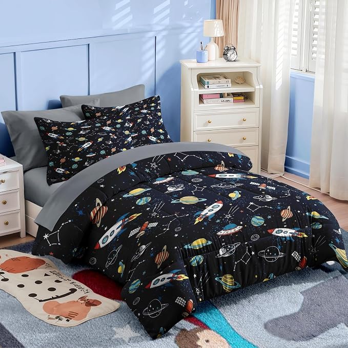 Nesker Comforter Set Queen Size, Space Moon Universe 7 Pcs Bedding for Kids Teens, Rockets Planets Starswith Fitted Sheet 2 Pillowcases & 2 Shams for Bedroom Bed Decor