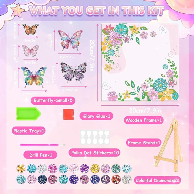 LCOZX 3D Fluttering Butterfly Diamond Art Kit for Kids Ages 8-12–Sparkling Gem Painting with Wooden Stand, Easy Arts & Crafts for Girls & Boys, Unique Birthday Gift & Bedroom Decor